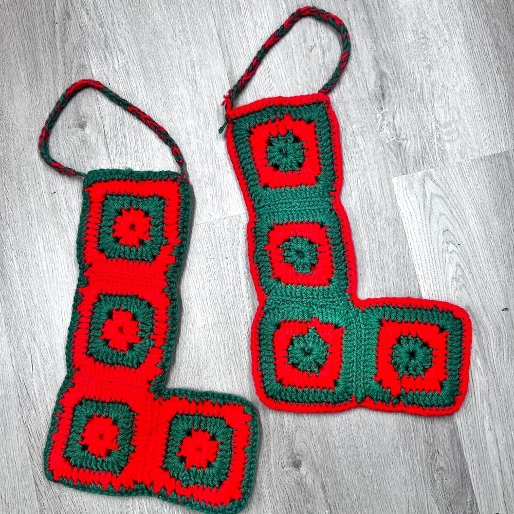 Vintage Crochet Christmas Stockings Handmade Holiday Homemade Granny Square